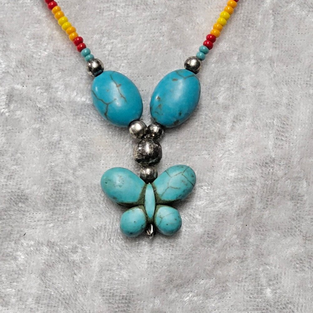 Vintage Sim Simulated Turquoise Butterfly Pendant Necklace